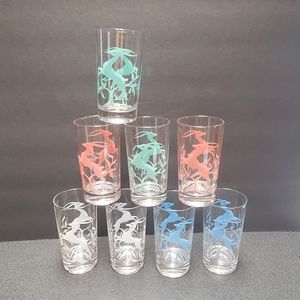 Vtg. Mid Century Antelopes Glasses Set of (8). 2 Pink, 2 White, 2 Blues, 2 Green